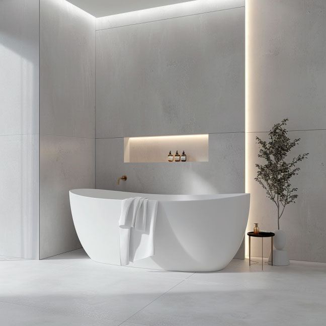 Minimalistisches Badezimmer mit weißer freistehender Badewanne, Handtuch, dekorativem Baum und moderner Beleuchtung